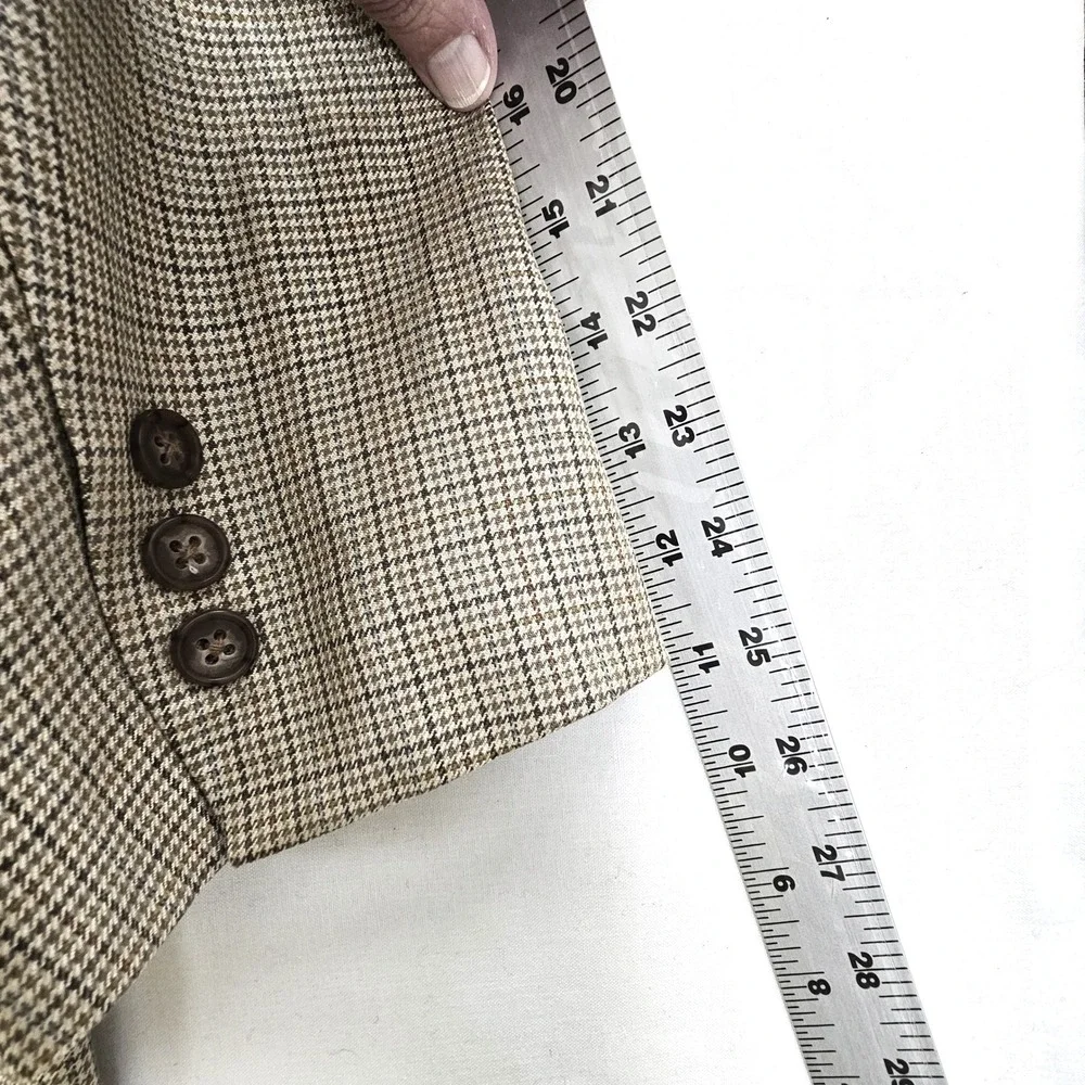 Alan Flusser Mens Silk Worsted Wool Houndstooth Sport Coat Blazer 46R Tan Brown